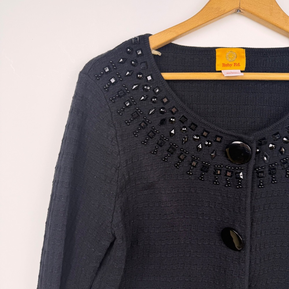 Ruby Rd Black Beaded Rhinestone Textured Knit Cardigan Sweater Large - Picture 6 of 9